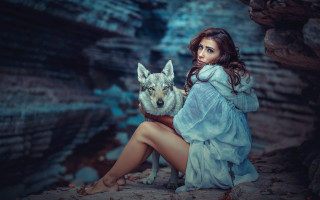 Woman blue dress wolf cave - anka zhuravleva free wallpaper for desktop