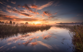 River sunset clouds trees cityscape - sunrise free wallpaper