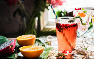 Table glasses fruit leaves food - top of a table free wallpaper