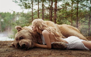 Woman bear woods lake nature - free love wallpaper