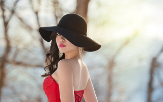 Woman reddress blackhat park photorealistic - black hat free wallpaper