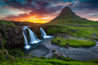 Waterfall bridge mountain sunset clouds - esao free wallpaper for desktop