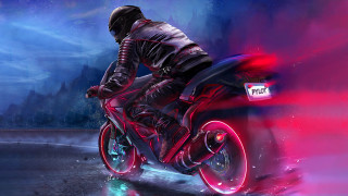 Man riding motorcycle cyberpunk night - a wet road free wallpaper