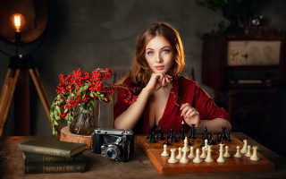 Woman camera chess flower vase - a woman sitting free wallpaper