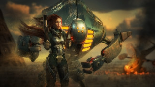 Futuristic woman armor fire sky - a large object free wallpaper for desktop