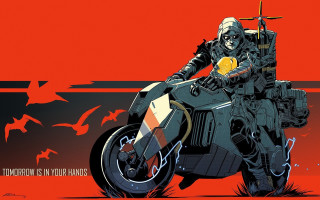 Man motorcycle birds red background - a red sky behind free wallpaper