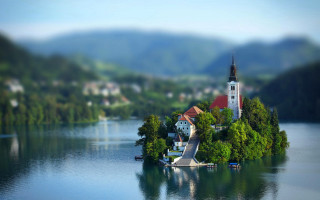 Small island church lake tilt - tilt shift free wallpaper
