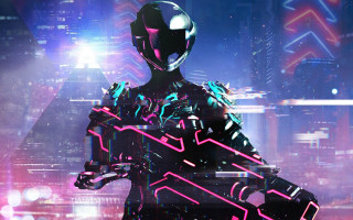Futuristic man neon object city - synthwave style free wallpaper