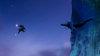 Birds cliff purple sky crescent - matte painting concept art free wallpaper