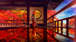 Autumn forest kimono lantern shrine - a view free wallpaper for desktop