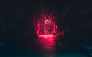 Dark alley red light street - the right side free wallpaper