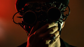 Man hat binoculars redlight afrofuturism - both hand free wallpaper for desktop