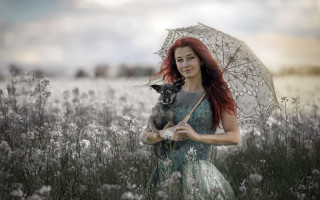 Woman dog flower field umbrella - a woman holding free wallpaper