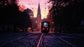Train city sunset church tiltshift - a church in the background free wallpaper