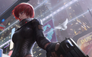 Futuristic city woman suitcase bird - eve ryder free wallpaper for desktop