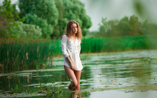 Woman lake forest grass art - tall grass and trees free wallpaper