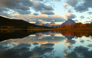 Lake mountains clouds trees sunset - alson s. clark free wallpaper
