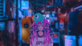 Purple hair girl city street - a green hat free wallpaper