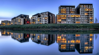 City lake night reflection urban - modular constructivism free wallpaper for desktop