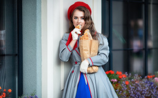 Woman longdress food bag phone - outside a building free wallpaper