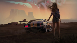 Desert retrofuturism woman car sunset - art station free wallpaper for desktop