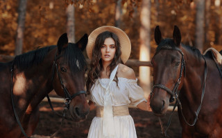 Woman horse dress hat outdoors - two horse free wallpaper