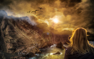 Woman cliff river birds sunset - a cliff free wallpaper