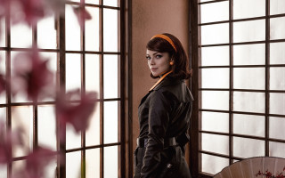 Woman black outfit window fan - retrofuturism free wallpaper