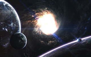 Space sunset planet galaxy moon - a distant star in the foreground free wallpaper for desktop