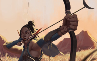 Woman archer mountains grass sunset - the background and a sky background free wallpaper