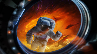 Space suit man flames lava - orange glow free wallpaper