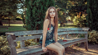 Woman park bench blonde nature - the background and bushes free wallpaper