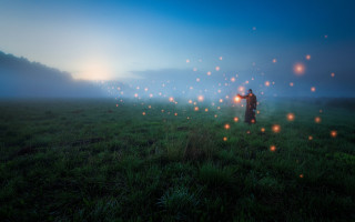 Man field lights fireflies mountains - the air above free wallpaper