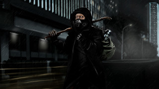 Man gas mask baseball bat - dystopian art free wallpaper