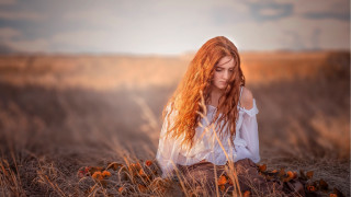 Woman red hair field autumn - long red hair free wallpaper