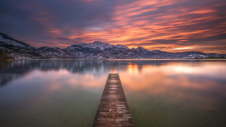 Long dock lake mountains sunset - a long dock free wallpaper