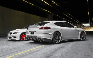 White sports cars parking garage - a road free wallpaper