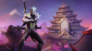 Futuristic man sword city mountain - splash art free wallpaper