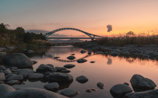 Bridge river rocks sunset mountains - a bridge in the distance free wallpaper