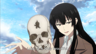 Girl holding skull sky background - a sky background behind her free wallpaper