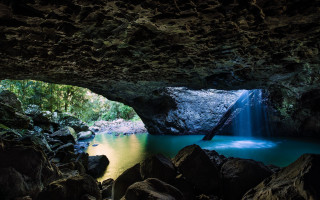 Waterfall cave blue water rocks - blue water free wallpaper