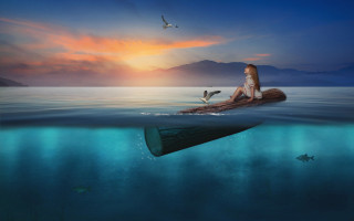 Woman raft ocean bird boat - above her free wallpaper