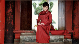Woman red dress bench chinese - ding guanpeng free wallpaper