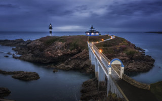 Lighthouse island bridge night lights - a small island free wallpaper