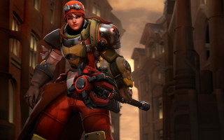 Woman red yellow outfit gun - brigette barrager free wallpaper