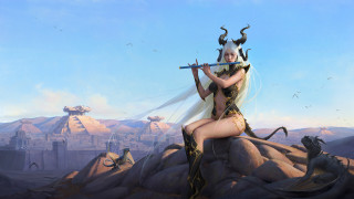 Woman horns sitting dragon sword - horn and horns free wallpaper