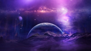 Purple blue space mountains stars - a distant planet in the foreground free wallpaper