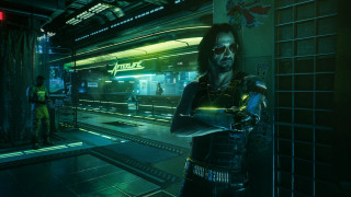 Futuristic man cyberpunk city woman - his hand and a woman free wallpaper