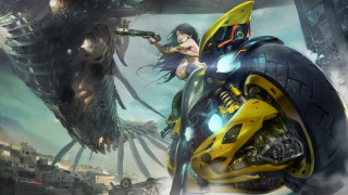 Woman motorcycle alien cityscape futurism - bayard wu free wallpaper