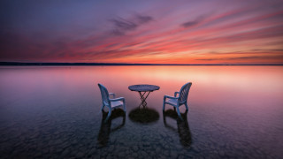 Beach sunset chairs table pink - a surrealist painting free wallpaper for desktop